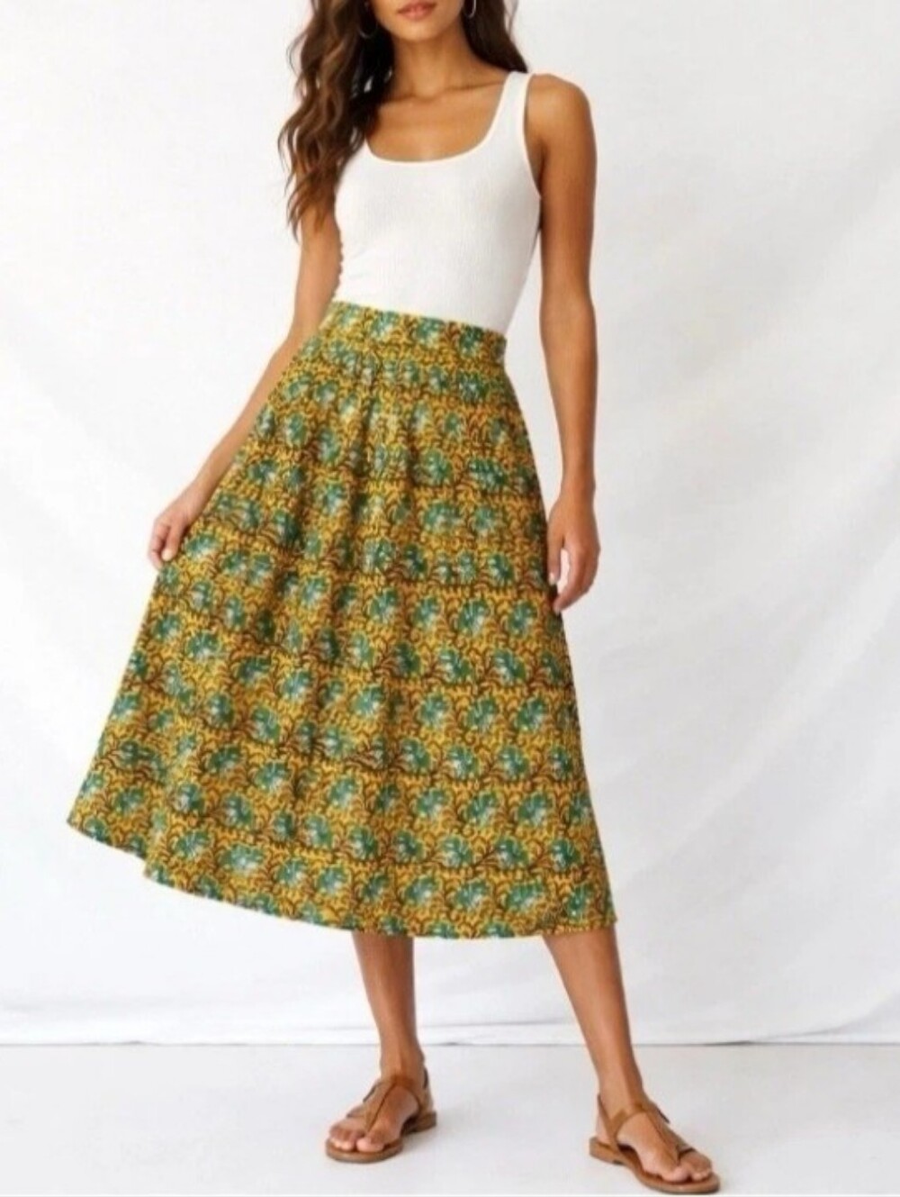J. Crew mustard yellow and teal elephant print midi skirt